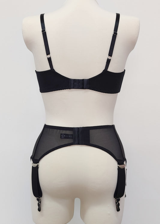 wide, vintage style, Grace garter belt, black with 6 extra wide straps and mesh panels. here shown with black cotton Olivia bralette, back view