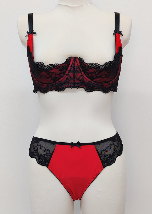 red tanga panties/knickers with black lace side and back, shown with matching Lucrezia quarter cup bra