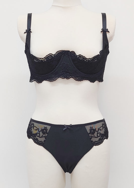 black bikini style Zigi panties with side and back lace panels, with matching Lucrezia quarter cup bra