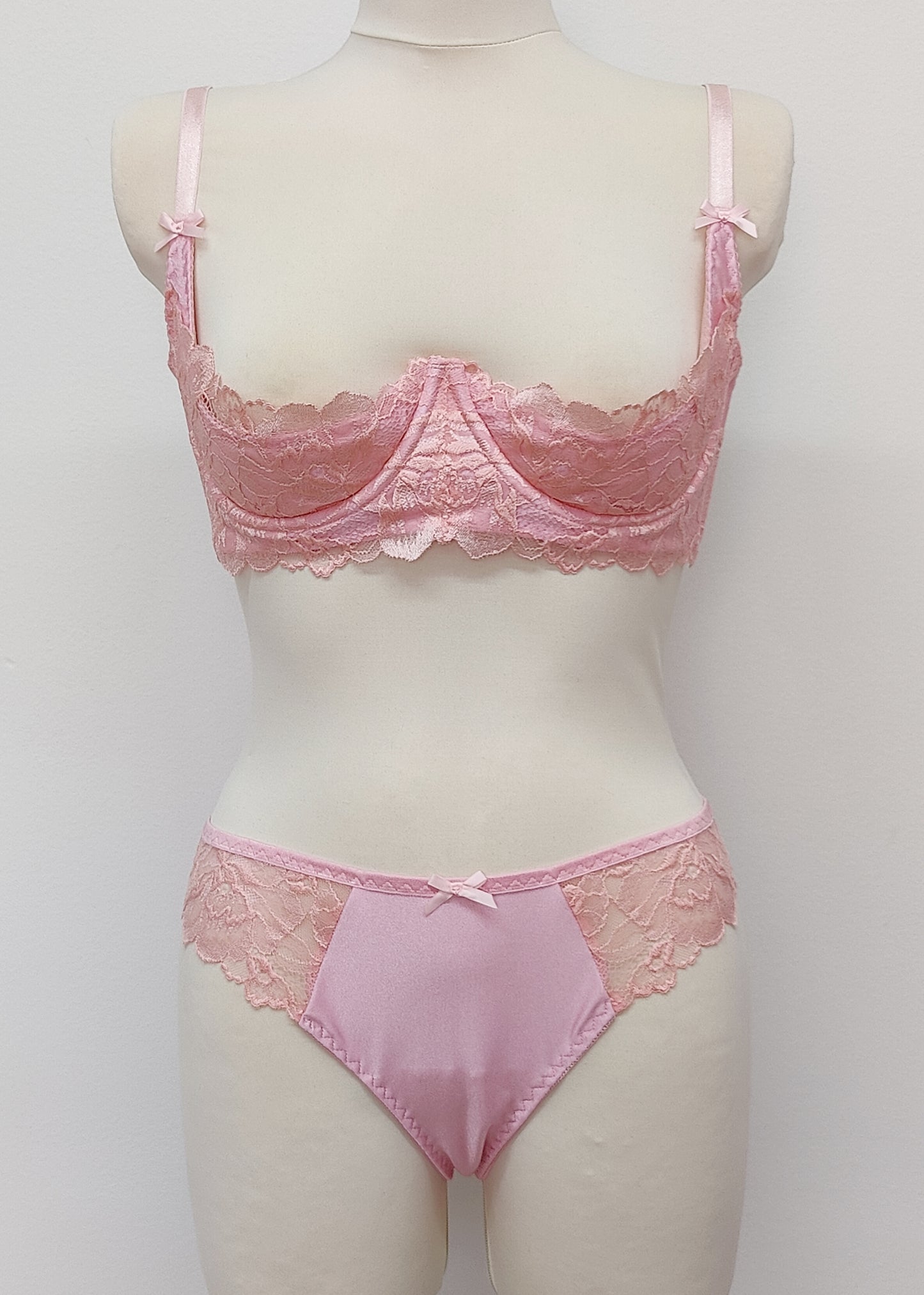 pink lace quarter cup bra, with matching panties