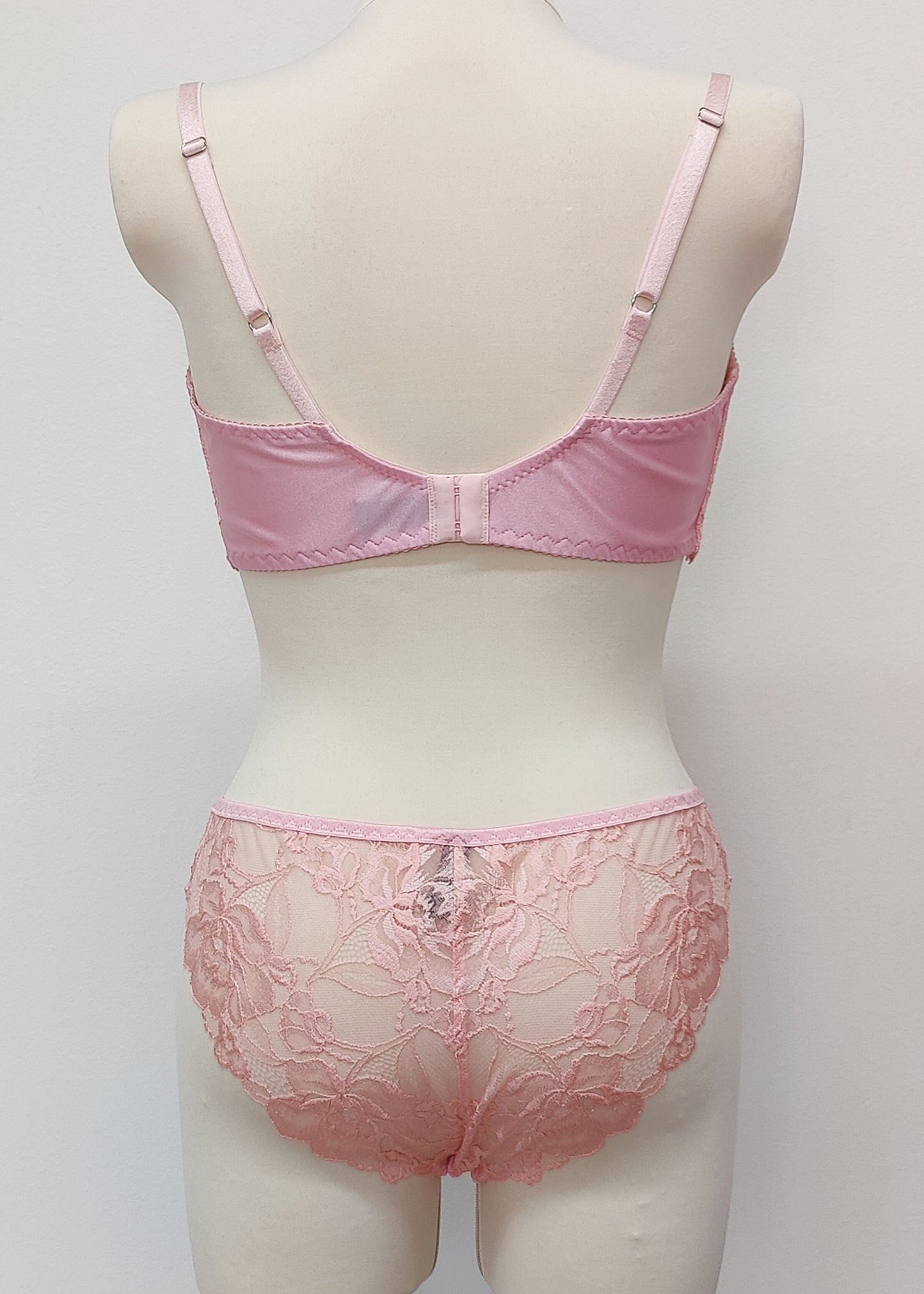 pink lace quarter cup bra, with matching panties, back view