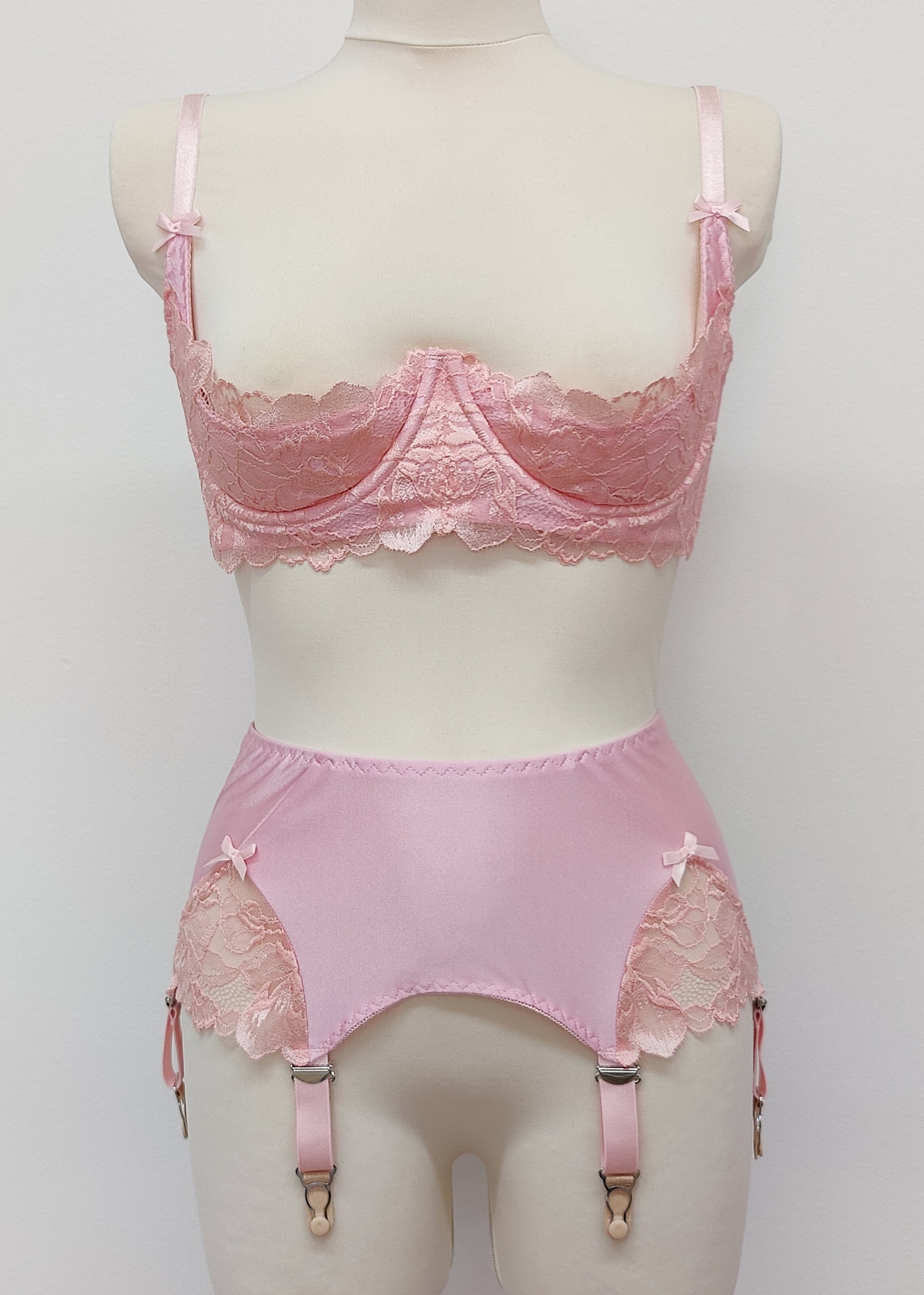 pink lace quarter cup bra, with matching Scarlett garter belt