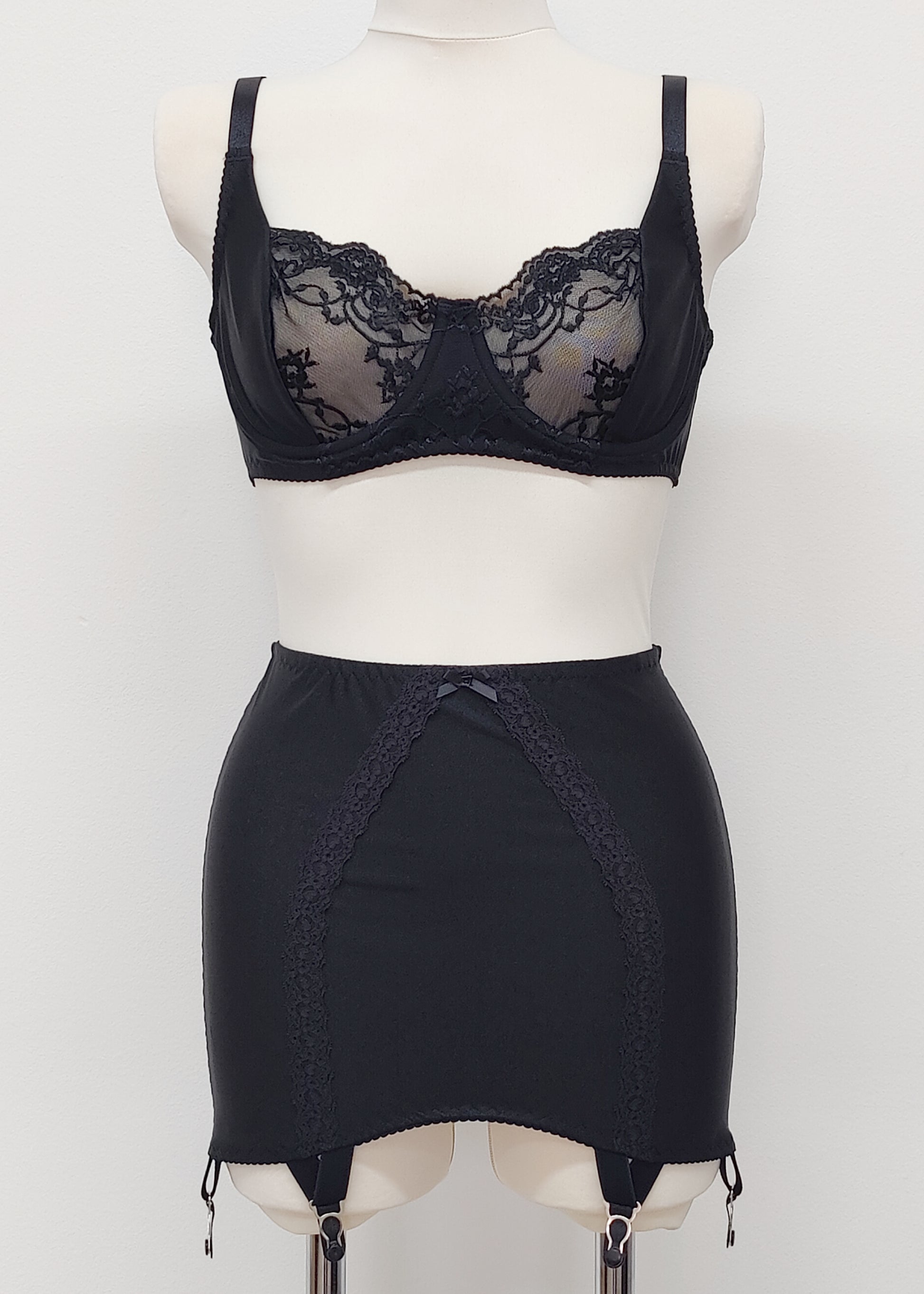 black 6 strap Rhonda open bottom girdle, with sheer back and lace trim on the front