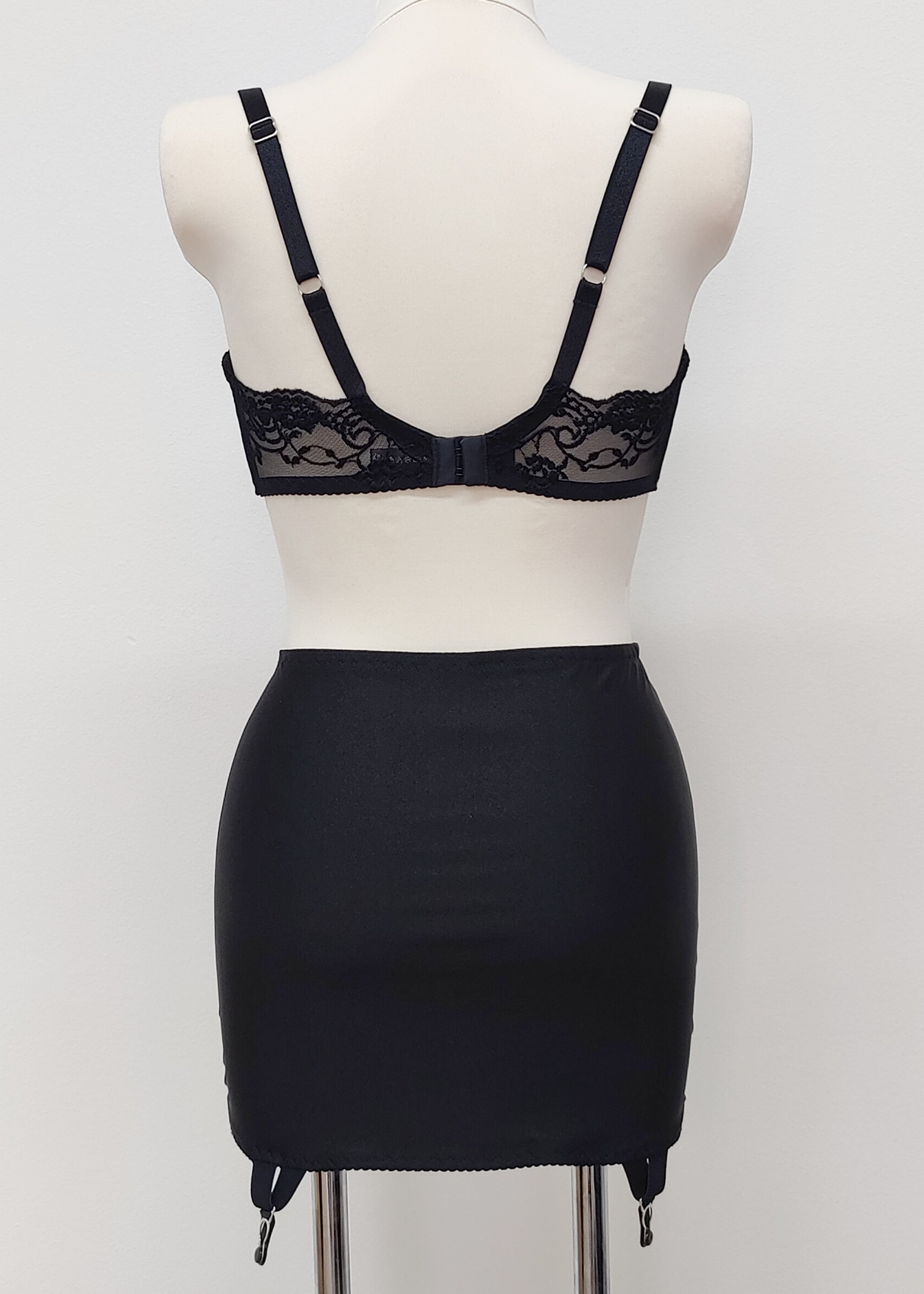 black 6 strap Rhonda open bottom girdle, with lace trim on the front, back view