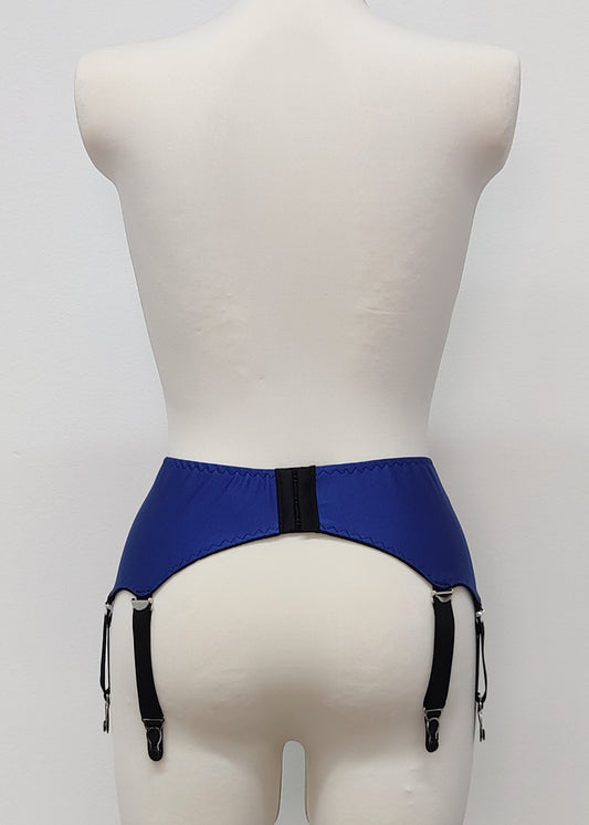 blue, classic retro style, Greta garter belt available with 4-10 straps , back view