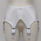 White wide Iris garter belt with a deep V-style design, featuring six extra wide adjustable straps