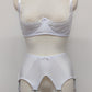 white, wide, vintage style, Grace garter belt, with 6 extra wide straps and mesh panels, shown with white lace bra
