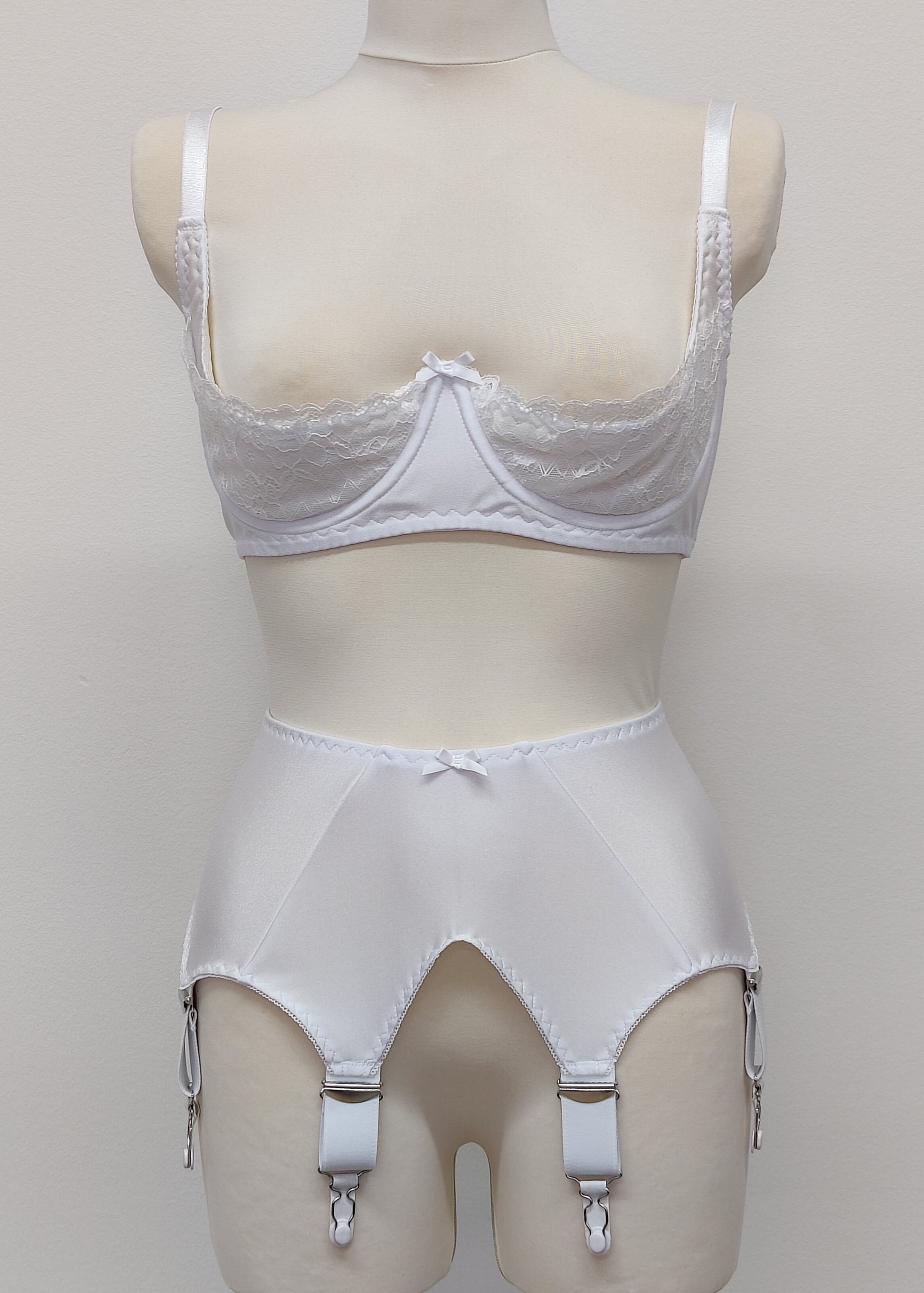 white, wide, vintage style, Grace garter belt, with 6 extra wide straps and mesh panels, shown with white lace bra