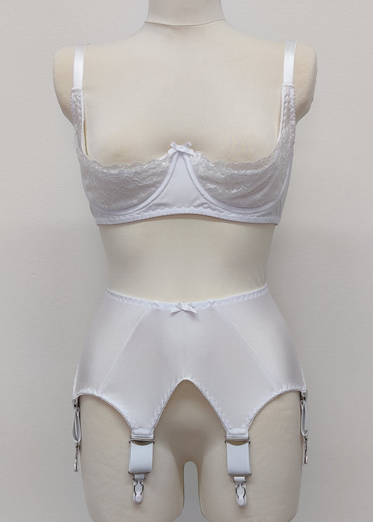 white, wide, vintage style, Grace garter belt, with 6 extra wide straps and mesh panels, shown with white lace bra