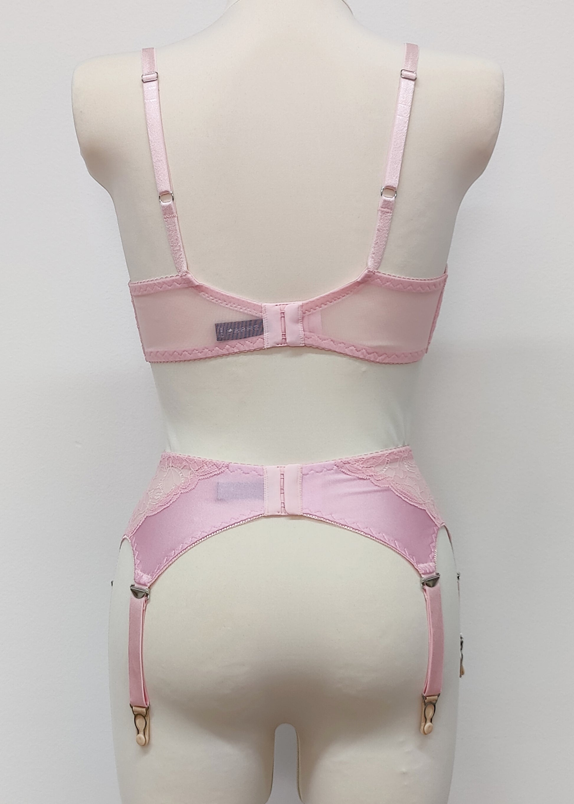 Pink lace  Mona garter belt with 6 adjustable straps and hook and eye closure, displayed on a mannequin with matching bralette, back view