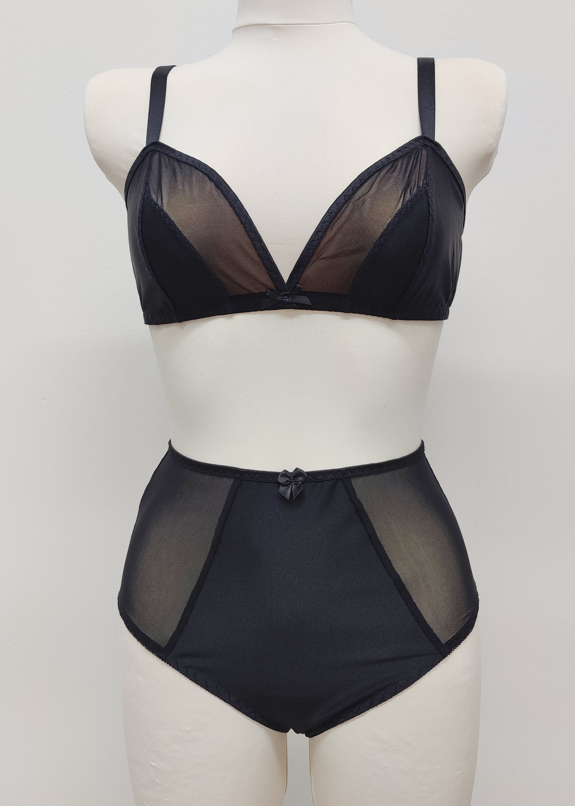 black high waist Mia panties with sheer side panels, with matching bralette