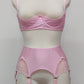 pink 6 strap Scarlett garter belt with lace side panels, with matching Gina quarter cup bra