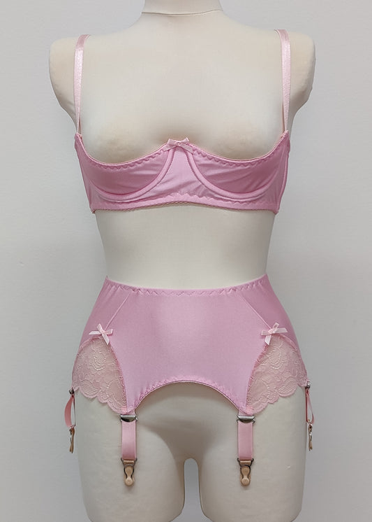 pink 6 strap Scarlett garter belt with lace side panels, with matching Gina quarter cup bra