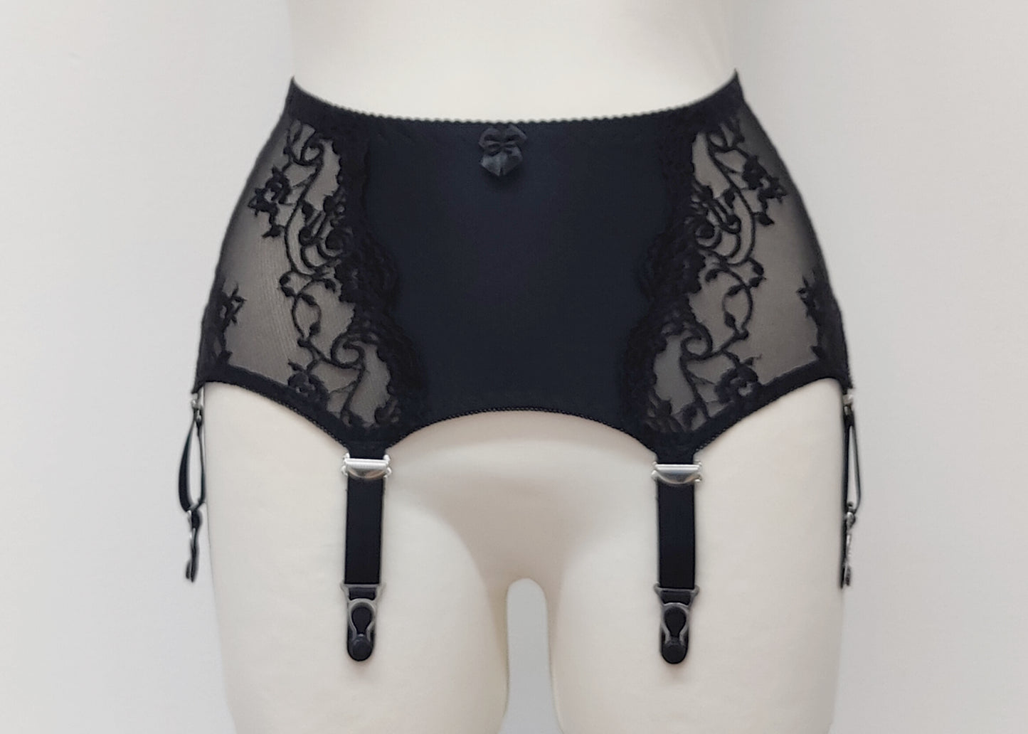 wide retro style Liliane garter belt with  6 wide straps and black lace side panels