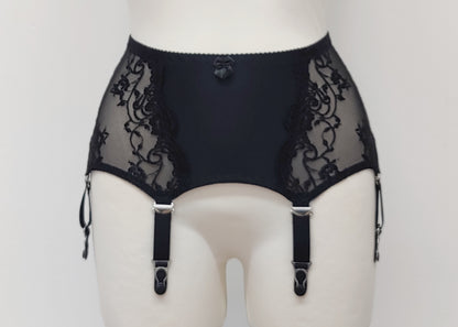 wide retro style Liliane garter belt with  6 straps and black lace side panels