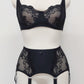 wide retro style Liliane garter belt with  6 wide straps and black lace side panels, with matching bra