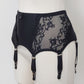 wide retro style Liliane garter belt with  6 wide straps and black lace side panels, side view