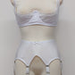 white Wide Jean garter belt with 6x Y-straps, shown with Lucy quarter cup bra