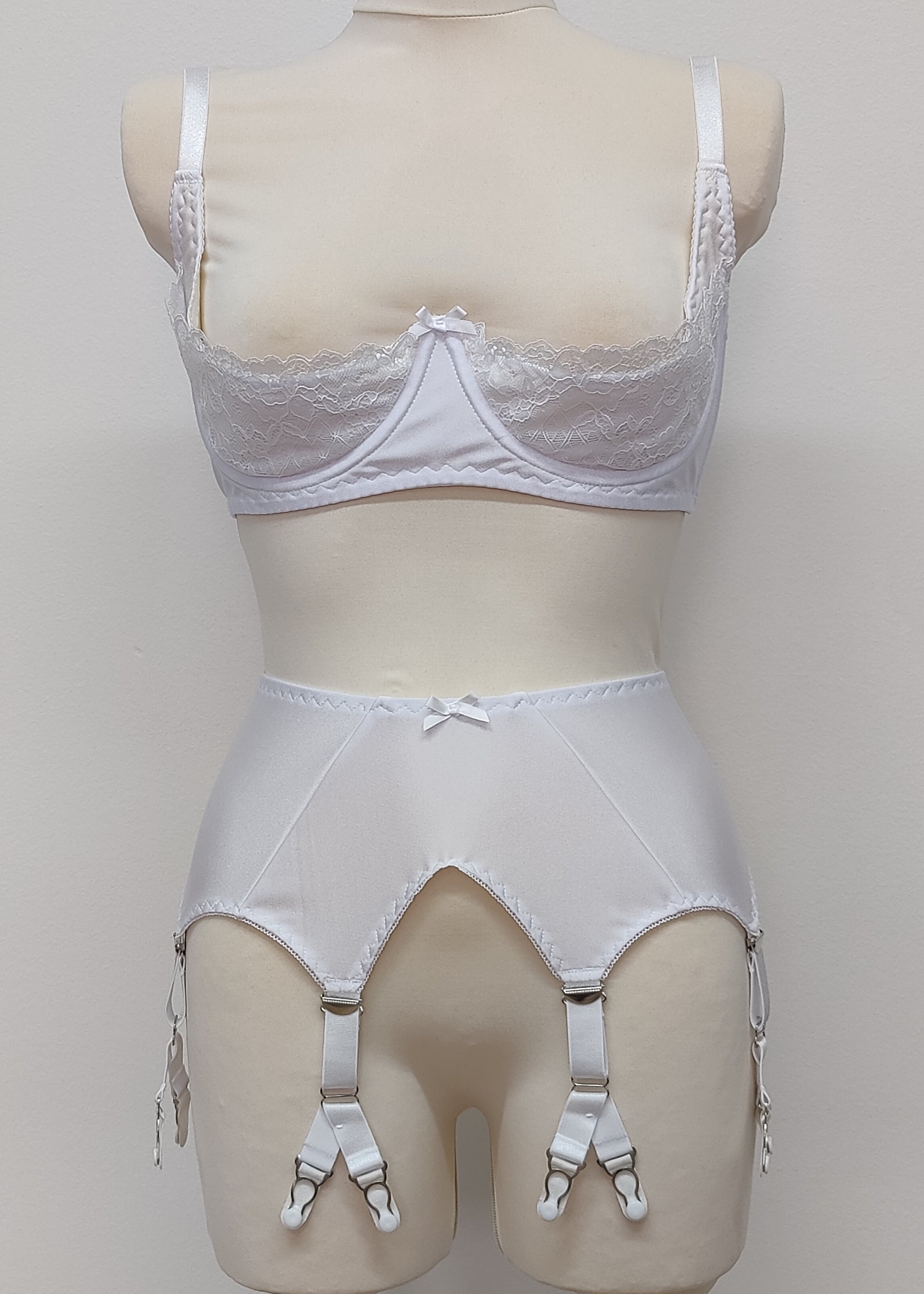 white Wide Jean garter belt with 6x Y-straps, shown with Lucy quarter cup bra