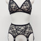 black floral mesh Chloe bralette, here shown in combination with matching Claire suspender belt