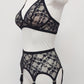 black floral mesh Chloe bralette, here shown in combination with matching Claire suspender belt, side view