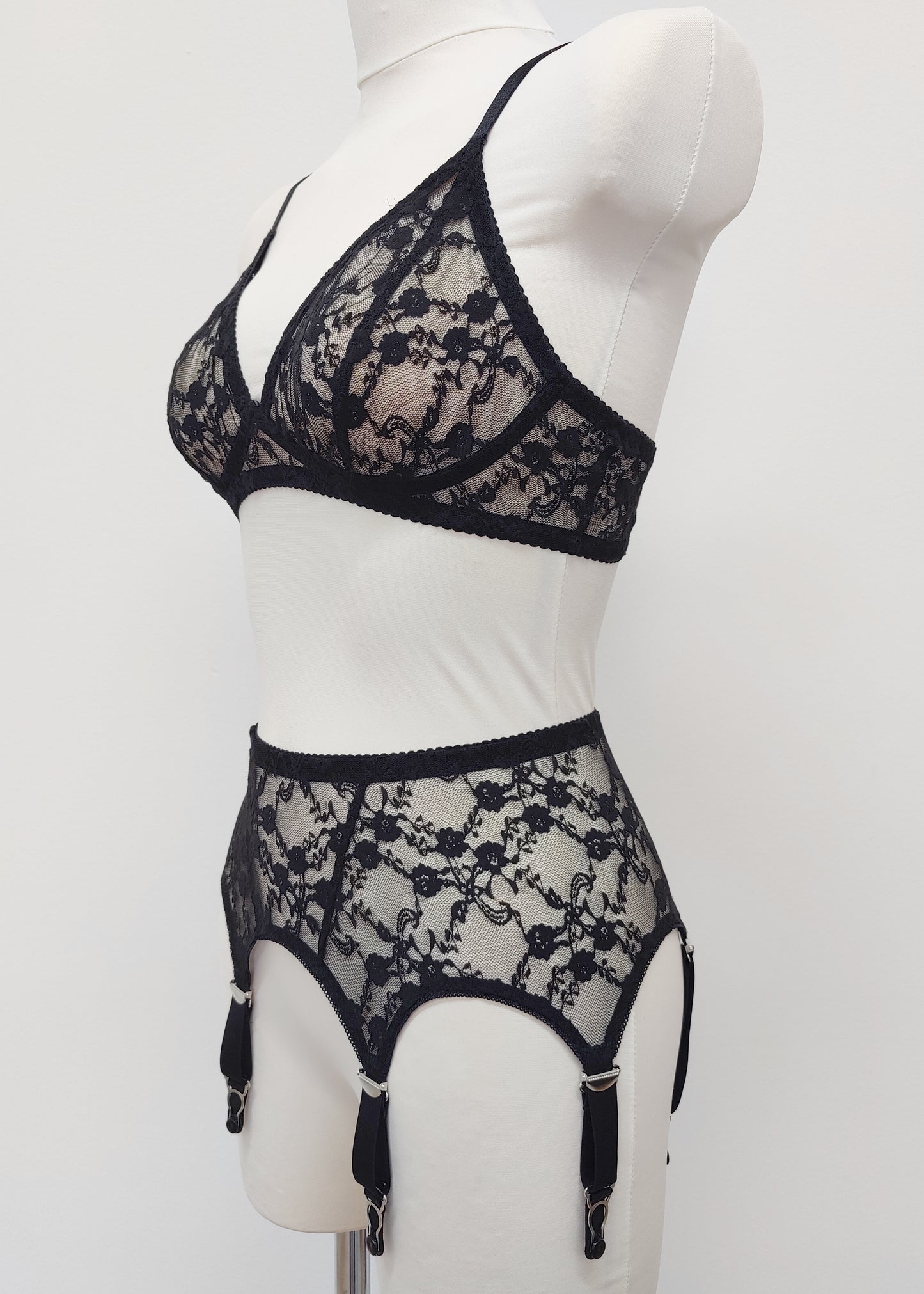 black floral mesh Chloe bralette, here shown in combination with matching Claire suspender belt, side view