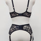 black floral mesh Chloe bralette, here shown in combination with matching Claire suspender belt, back view