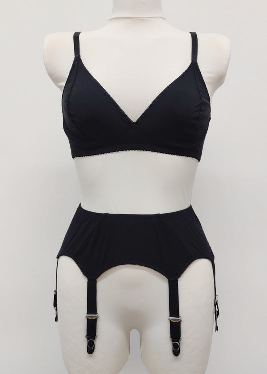 black cotton bralette Olivia, shown with matching garter belt