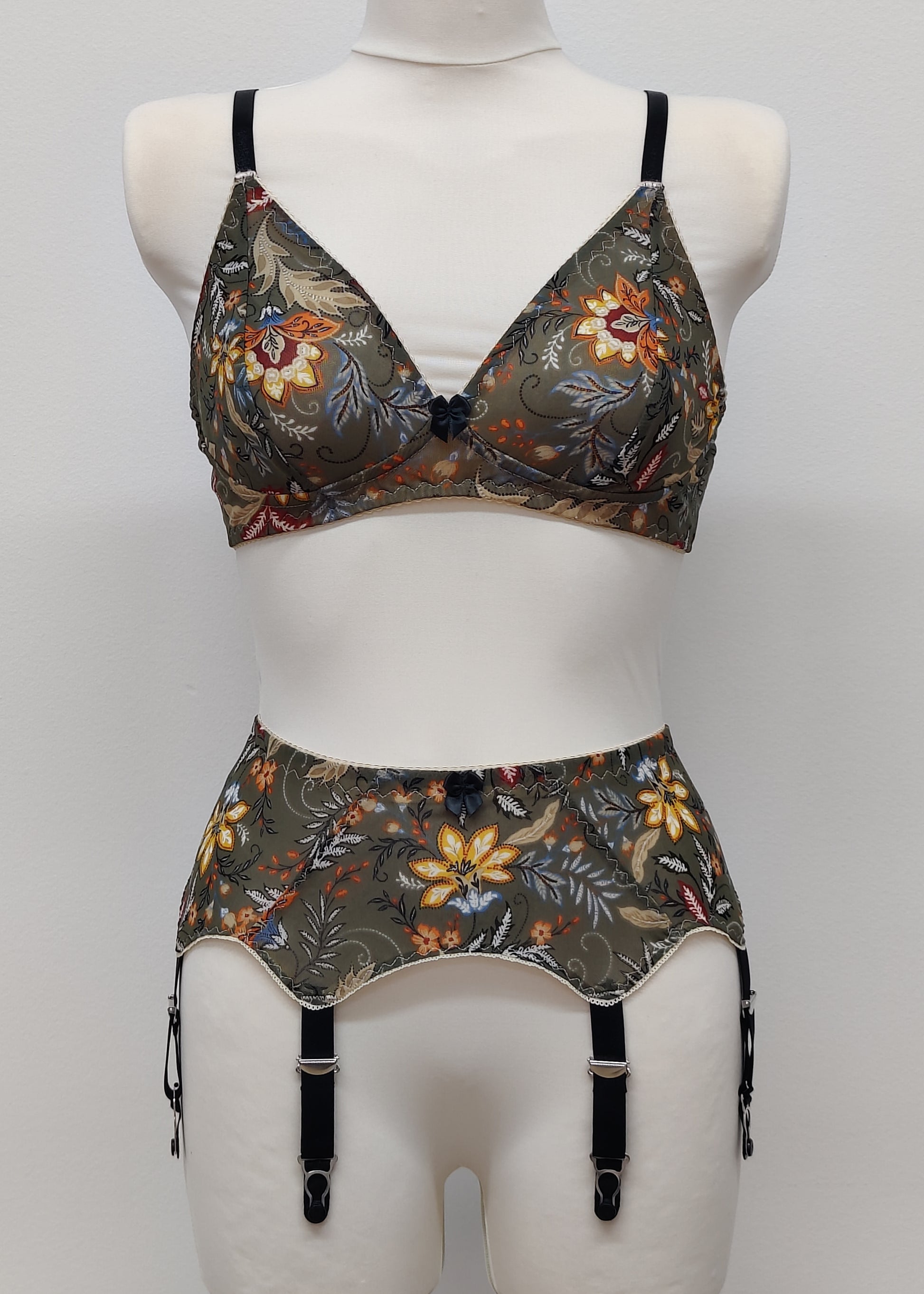 olive green floral mesh Chloe bralette, here shown in combination with matching Leilani suspender belt