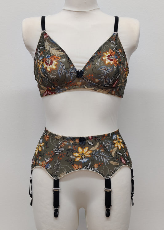 olive green floral mesh Chloe bralette, here shown in combination with matching Leilani suspender belt