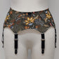 retro style Leilani suspender belt, made with olive green floral mesh fabric, with 6 wide straps
