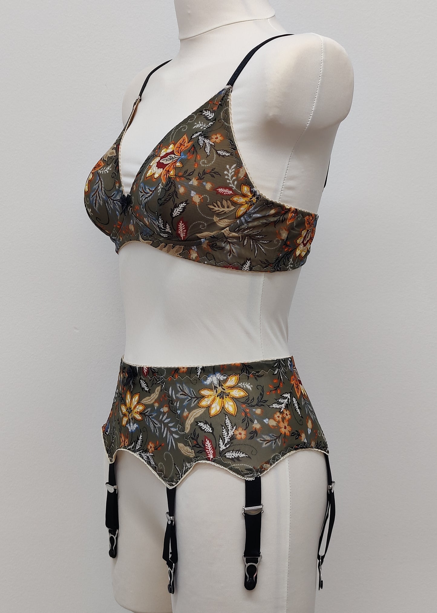 olive green floral mesh Chloe bralette, here shown in combination with matching Leilani suspender belt, side view