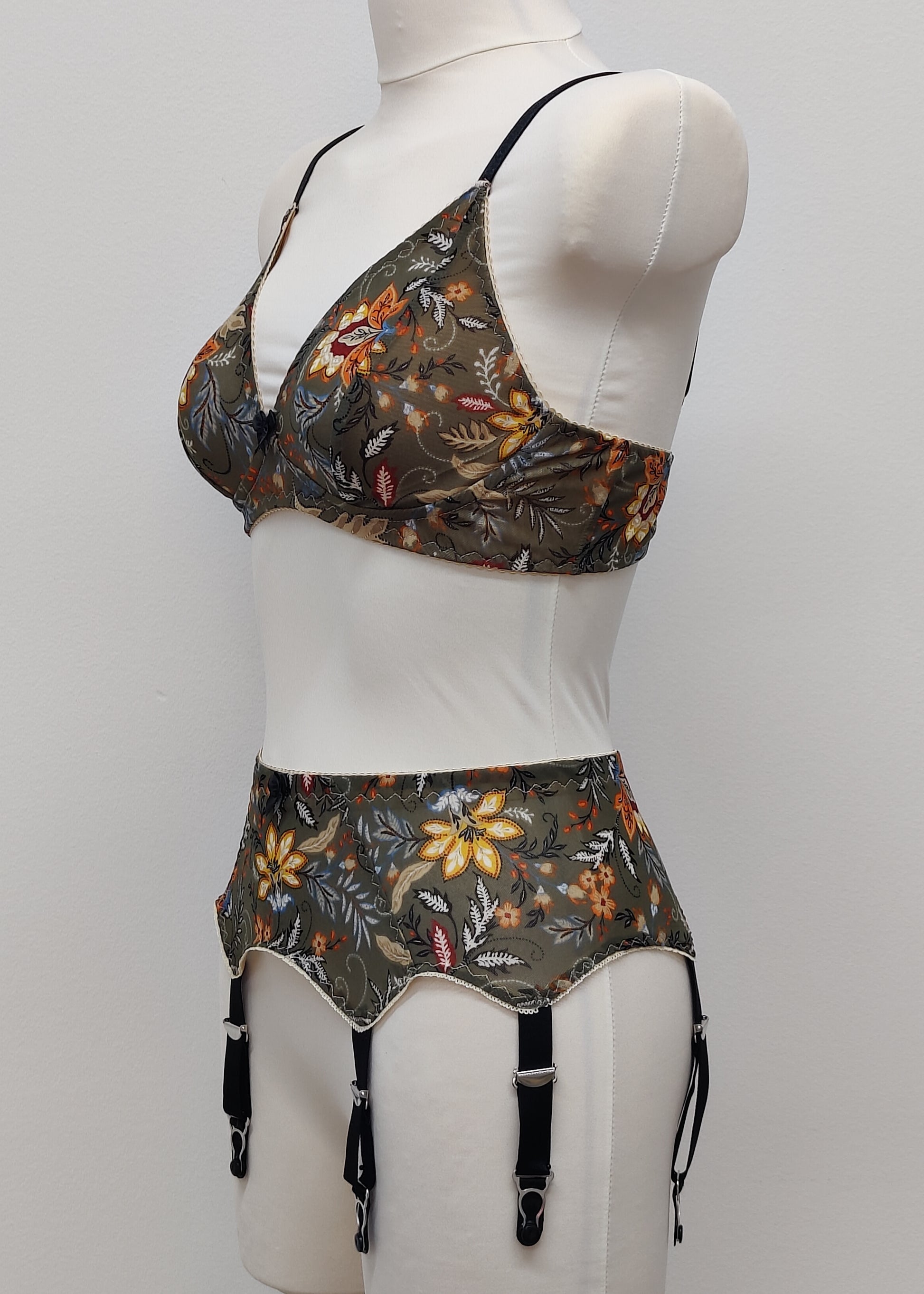 olive green floral mesh Chloe bralette, here shown in combination with matching Leilani suspender belt, side view