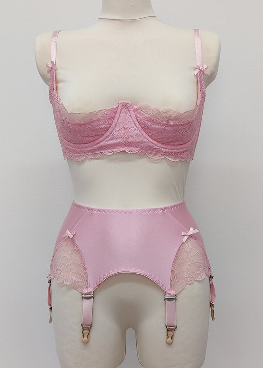 pink lace quarter cup Lucrezia bra, with matching Scarlett garter belt