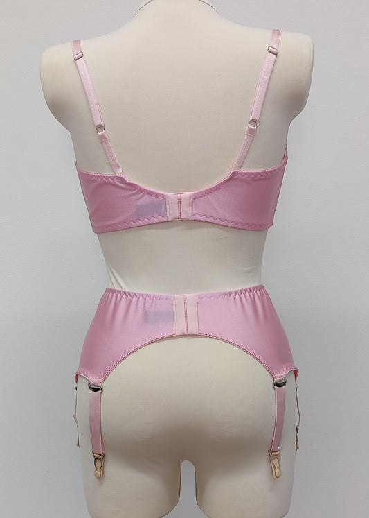 pink lace quarter cup Lucrezia bra, with matching Scarlett garter belt, back view