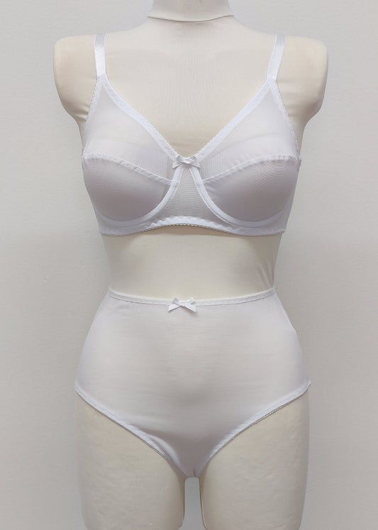 white Sheer full cup Lily bra, Underwired, mesh Bra, shown with matching Irma panties