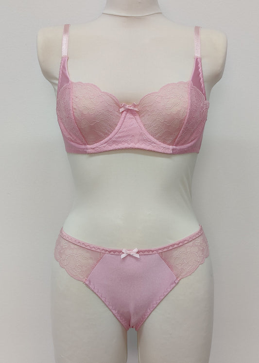 pink lace soft cup Alice bra with underwires, shown with bikini style Zigi panties
