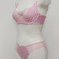 pink lace soft cup Alice bra with underwires, shown with bikini style Zigi panties, side view