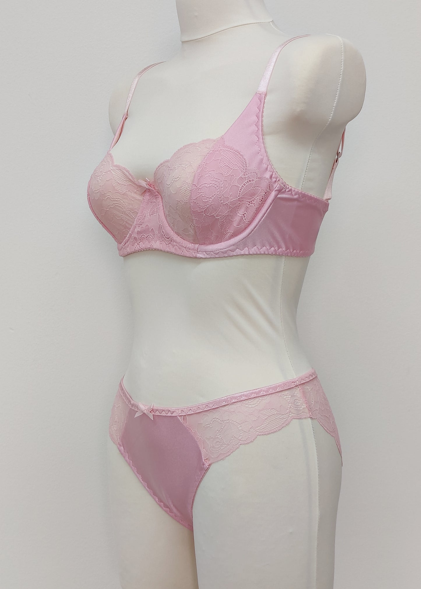 pink lace soft cup Alice bra with underwires, shown with bikini style Zigi panties, side view