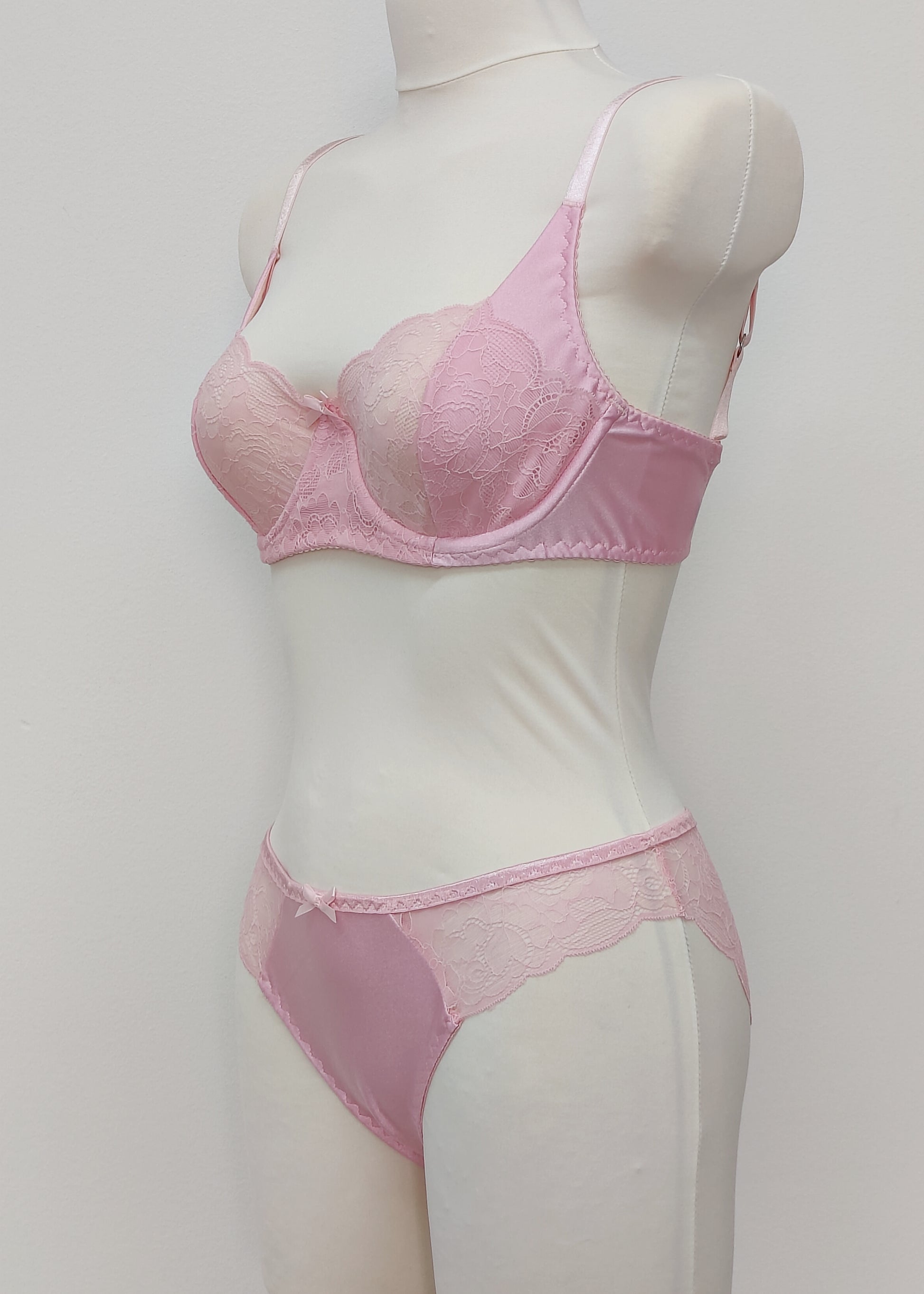 pink lace soft cup Alice bra with underwires, shown with bikini style Zigi panties, side view