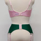 emerald green Jean garter belt with 8 pink Y-straps, shown with pink Lucrezia quarter cup bra, back view
