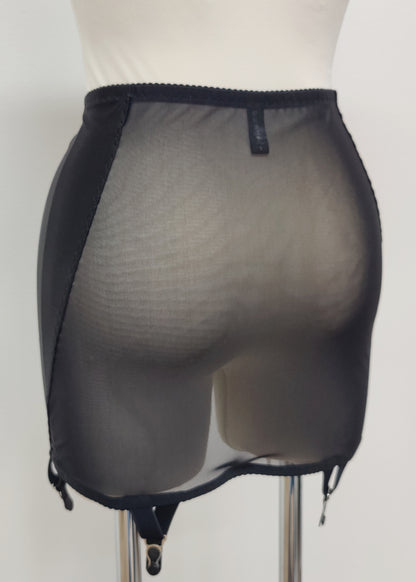black 6 strap Rhonda open bottom girdle, with sheer back and silvery lace trim on the front, back view