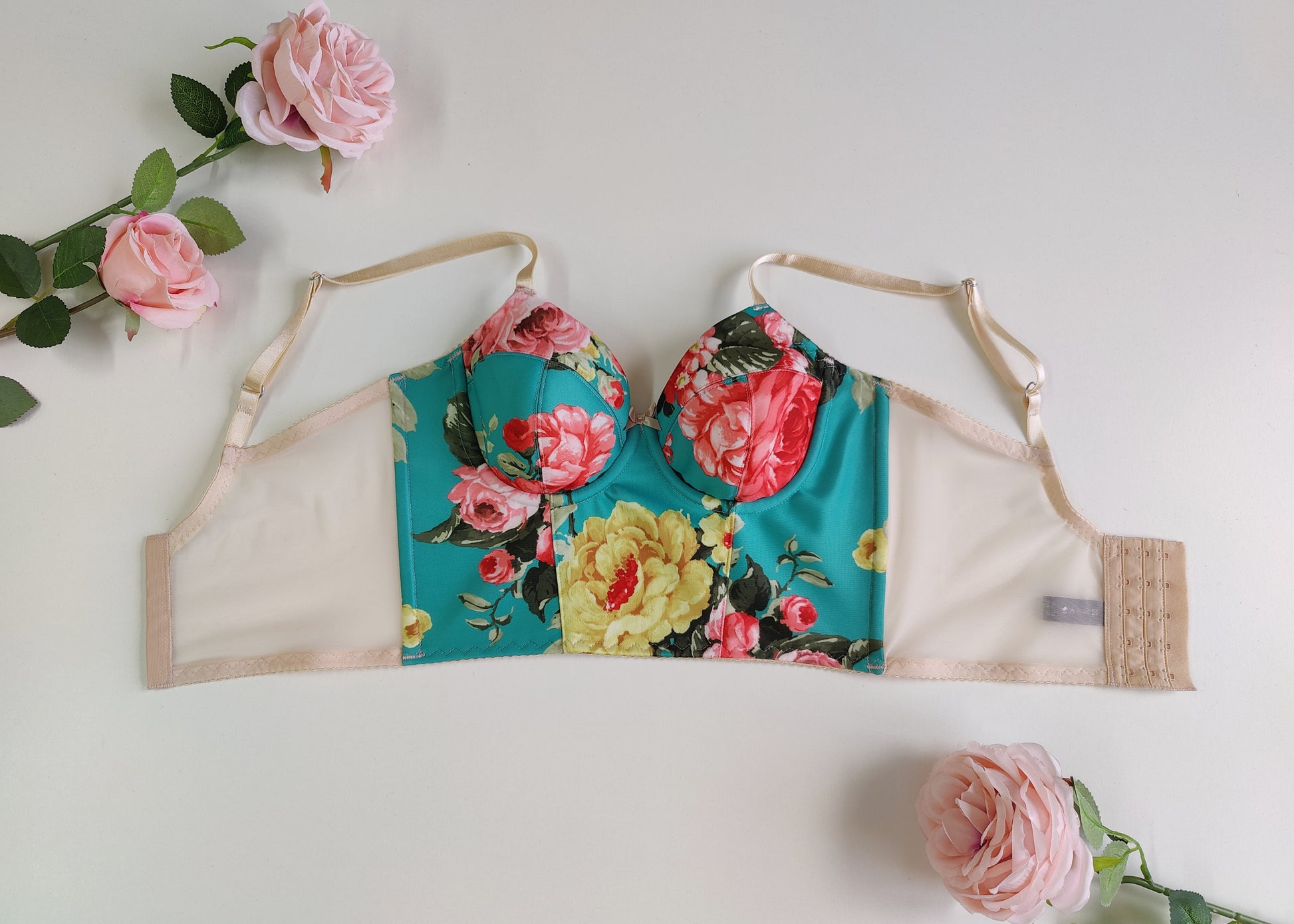 turquoise and pink floral long-line Rosie bra, 