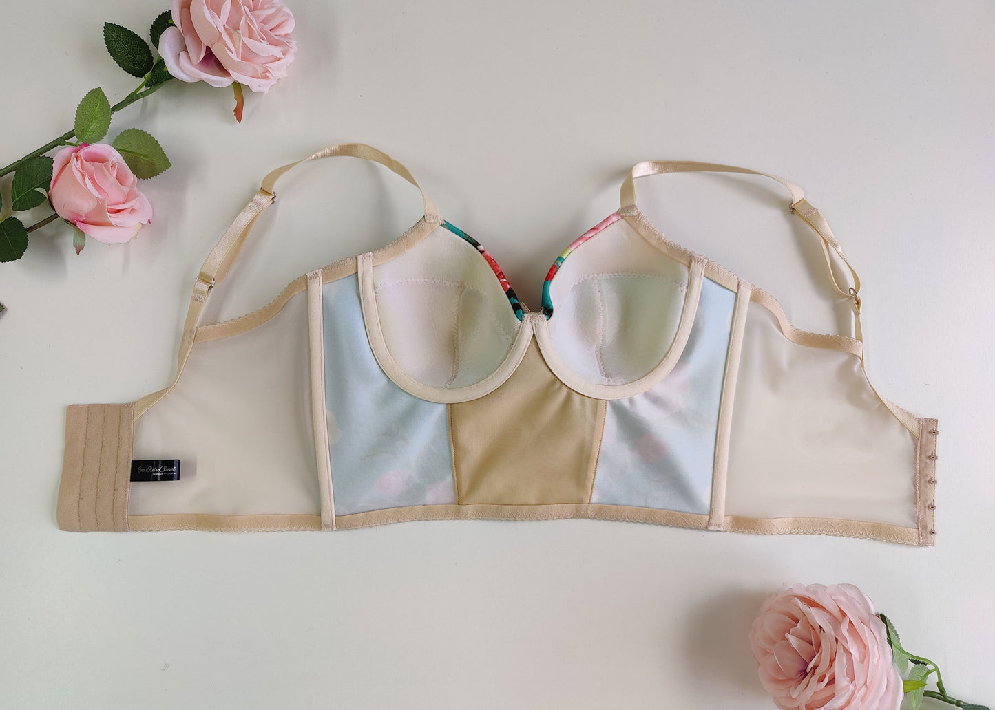 turquoise and pink floral long-line Rosie bra, shown inside out