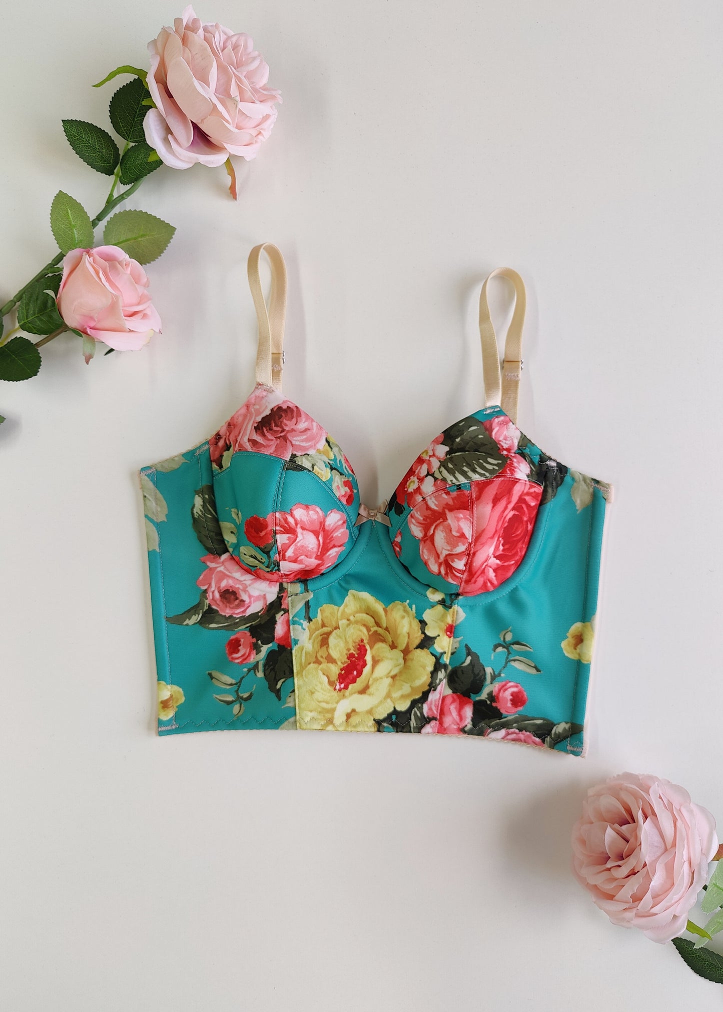 turquoise and pink floral long-line Rosie bra