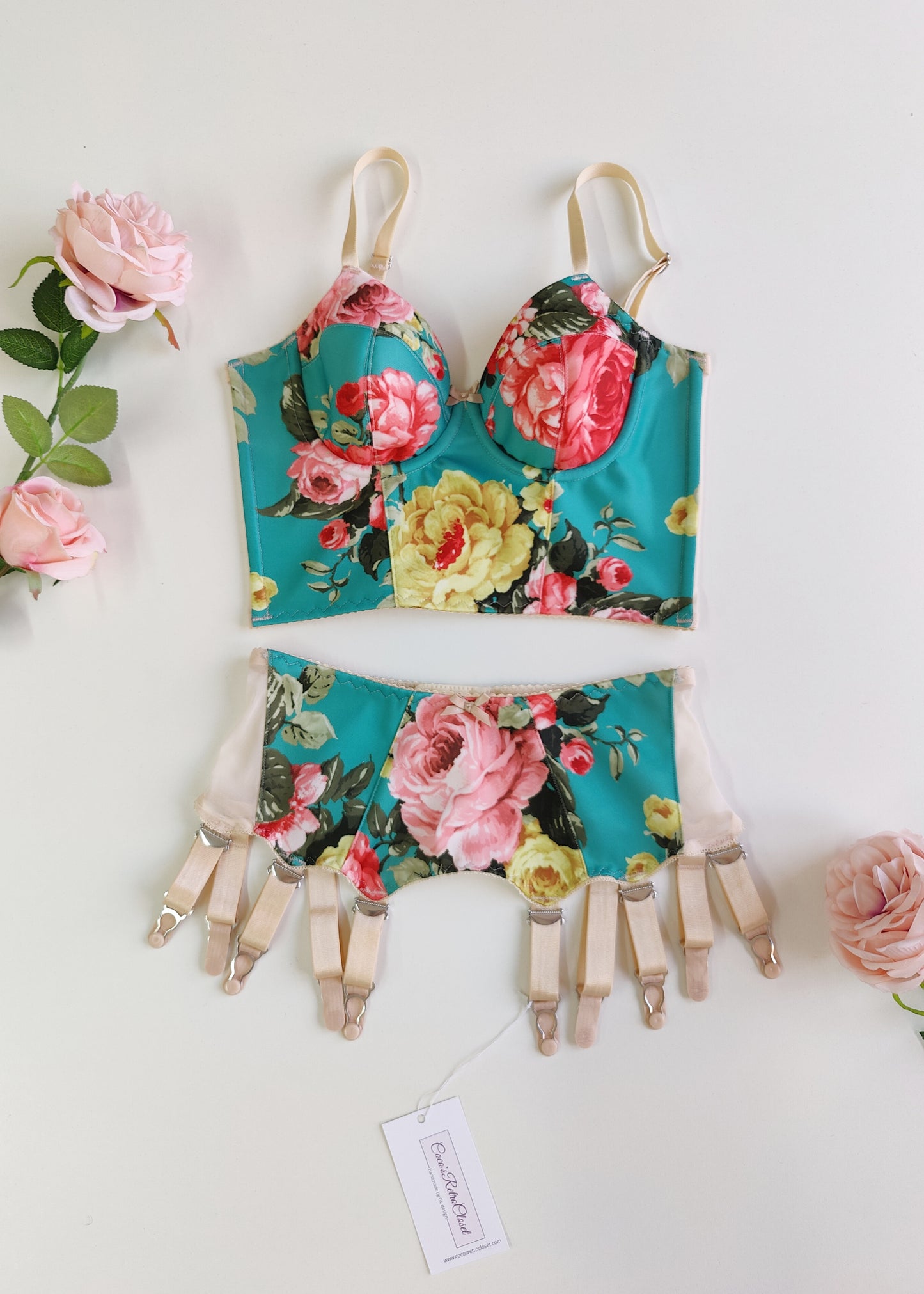 turquoise and pink floral long-line Rosie bra, shown with matching garter belt