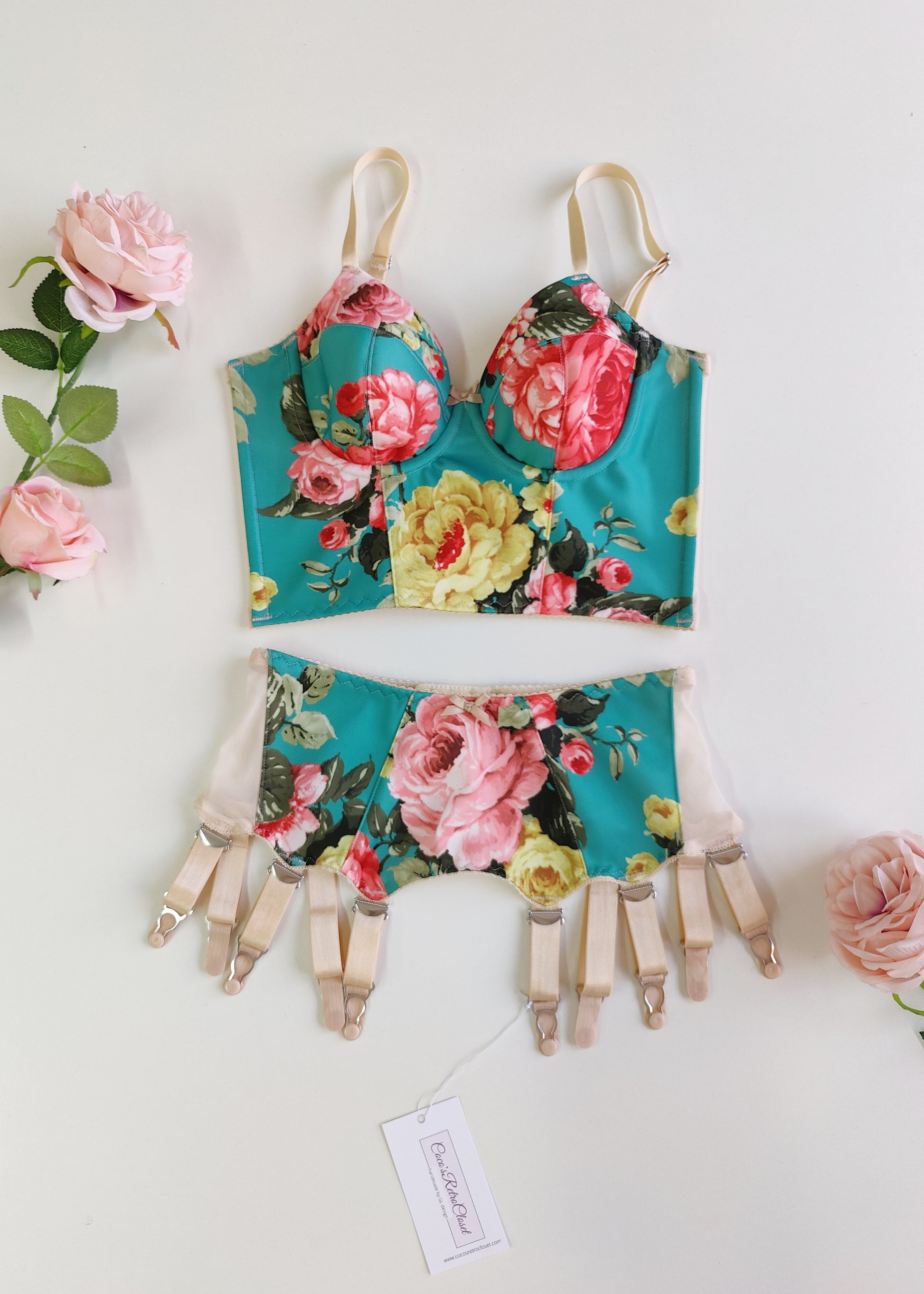 turquoise and pink floral long-line Rosie bra, shown with matching garter belt