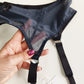 Dark gray soft mesh fabric Claire garter belt with 4-8 adjustable straps, detail