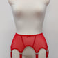 Red dot soft mesh fabric Claire garter belt with 4-8 adjustable straps, displayed on a mannequin 