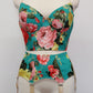 turquoise and pink floral long-line Rosie bra, shown with matching garter belt